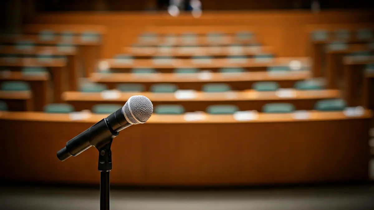 Generic image of a microphone on a podium in an empty assembly hall, symbolizing politics and elections.