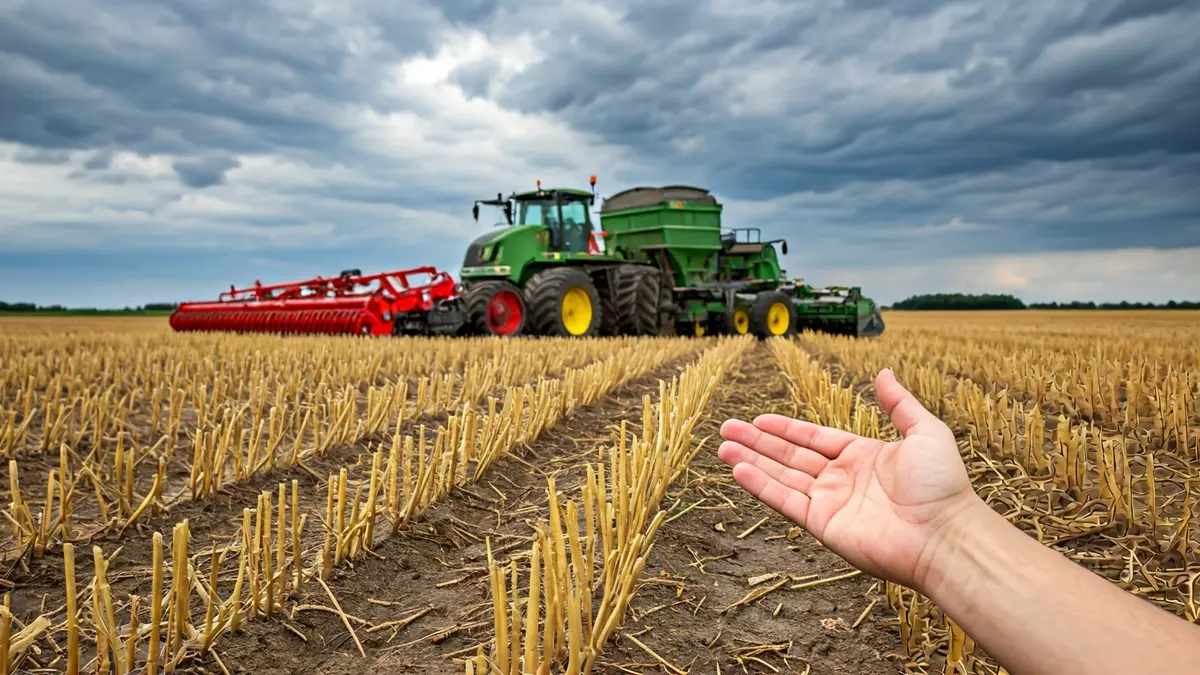 Mano de un agricultor examinando cultivos dañados tras una borrasca.