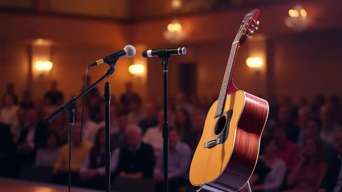 Imagen genérica de un micrófono en un escenario, con una guitarra española y luces cálidas.