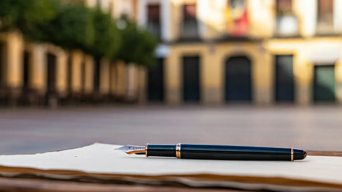 Image of a quill pen on paper, with a blurred background of a festive Andalusian square.
