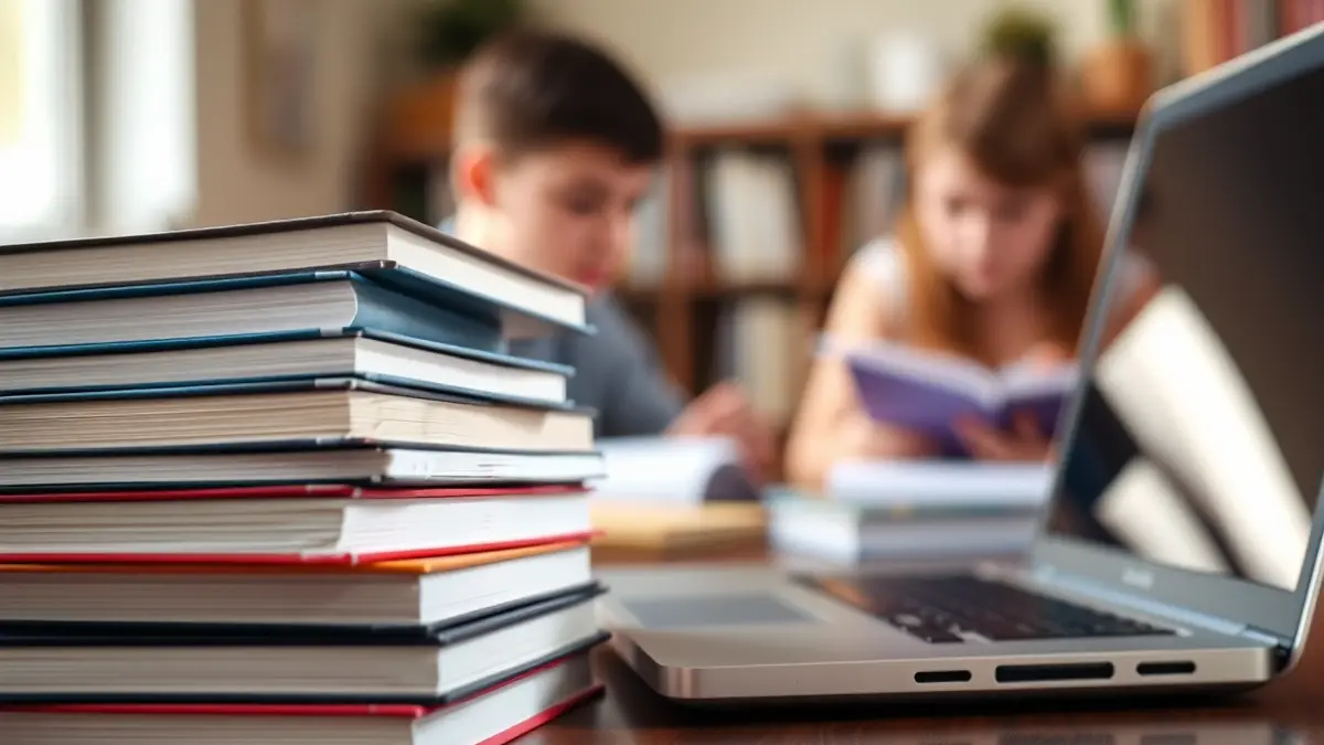 Imagen genérica de libros y un ordenador portátil, simbolizando el estudio y las becas.