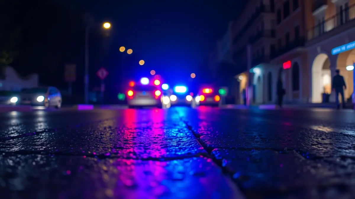 Generic image of emergency lights reflecting on wet asphalt.