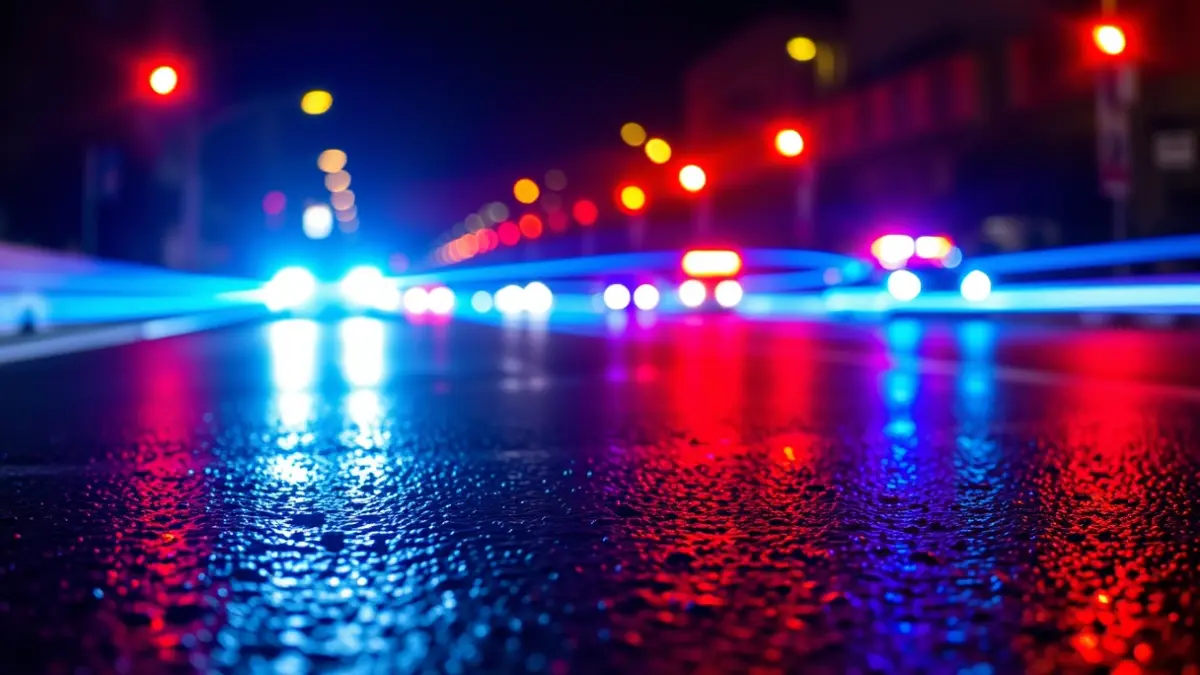 Generic image of emergency lights reflected on wet asphalt.