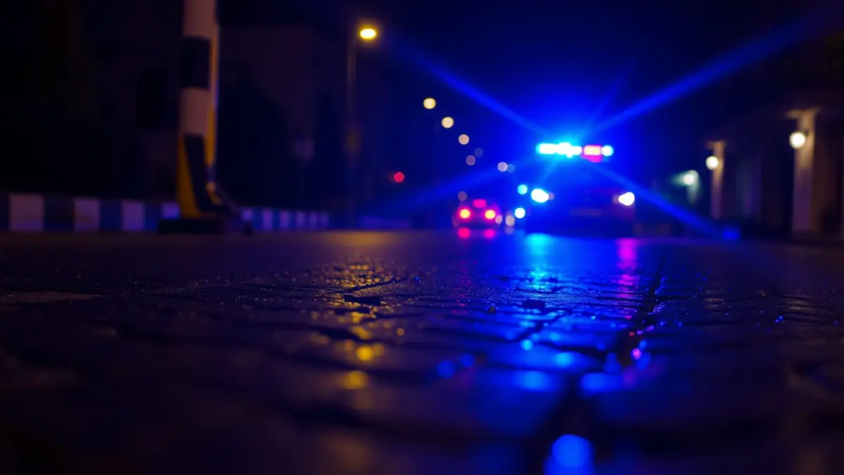 Generic image of emergency lights reflecting on wet asphalt at night.