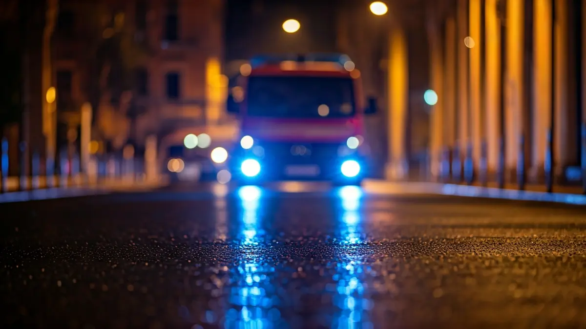 Imagen genérica de luces de emergencia reflejadas en el asfalto mojado.