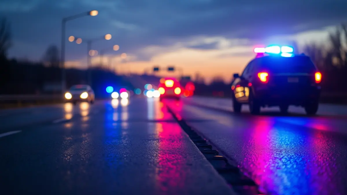 Generic image of emergency lights on a road at dusk.