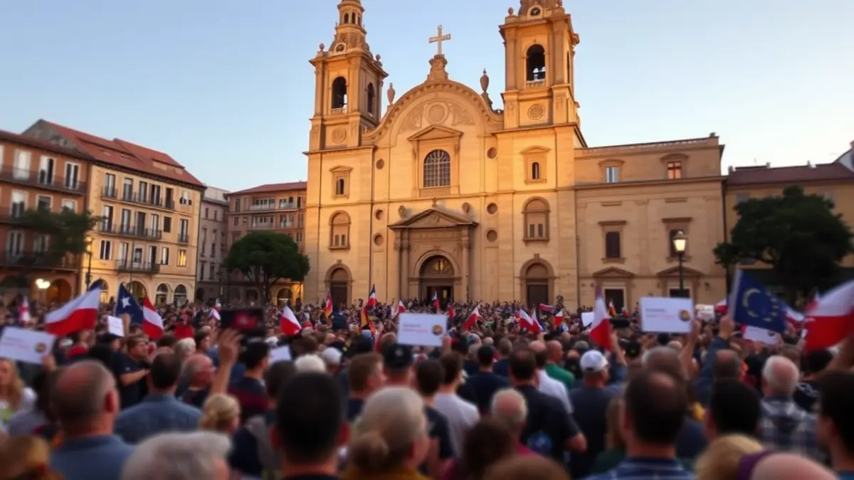 Imagen de un acto político en una plaza con una catedral al fondo.