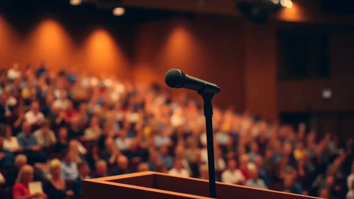 Generic image of a microphone on a podium in an auditorium.