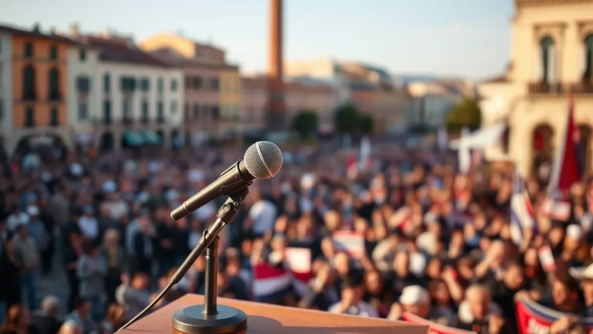 Imagen genérica de un micrófono en un atril durante un acto político en una plaza.