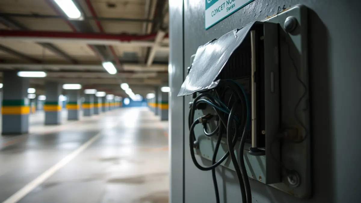 Image of a parking access control panel damaged by vandalism.