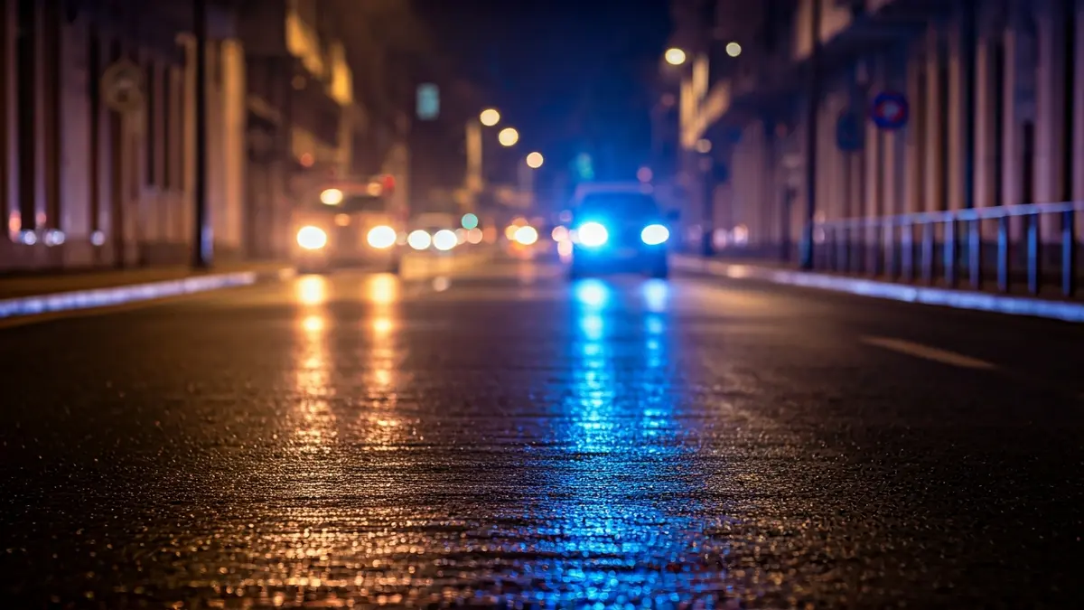Generic image of emergency lights reflecting on wet asphalt.