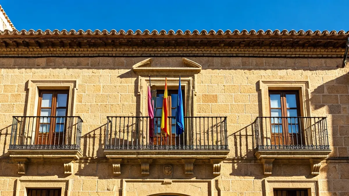 Fachada del Ayuntamiento de Córdoba con balcón de hierro forjado bajo el sol.