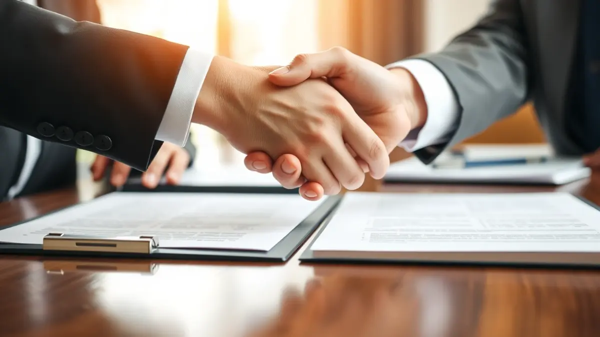 Generic image of two people shaking hands over a desk, symbolizing a labor agreement.