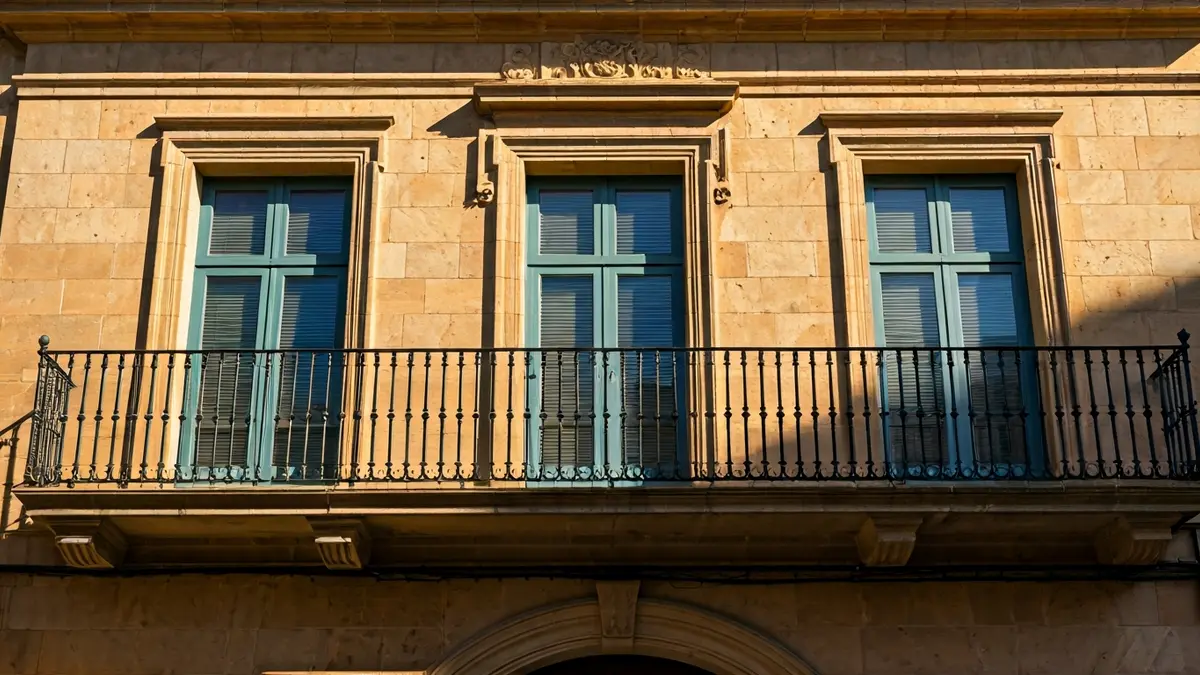 Fachada de un ayuntamiento andaluz con balcón y barandillas de hierro, bajo la luz del sol de la tarde.