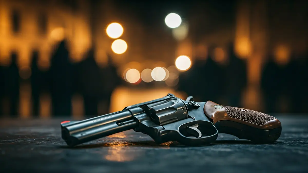 Imagen de un revólver sobre una superficie oscura, con un fondo borroso que sugiere una escena del crimen.