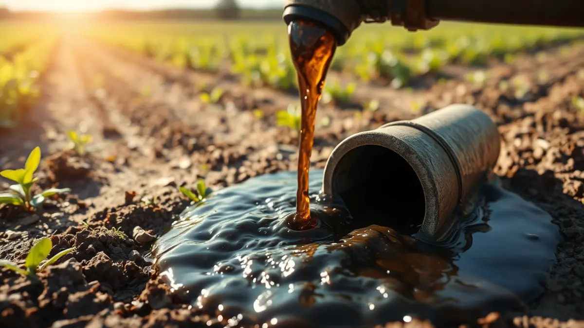 Imagen de vertidos de aguas residuales en un campo agrícola, simbolizando la contaminación y el abandono.