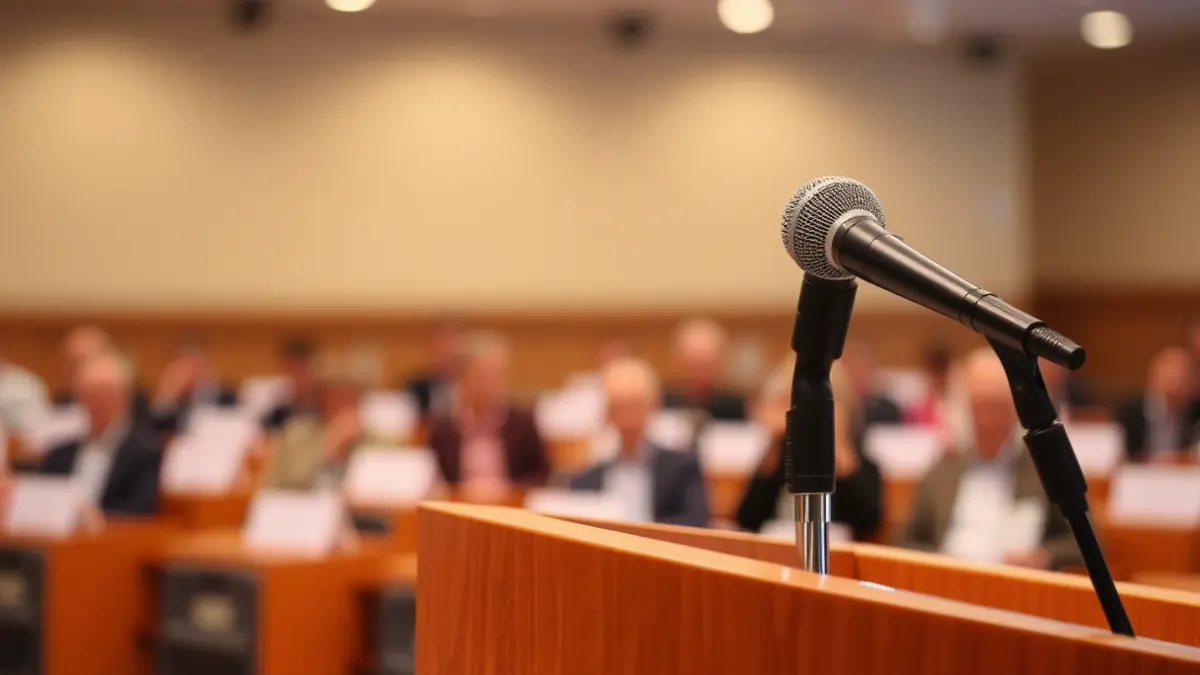 Imagen genérica de un micrófono en un podio durante un acto político.