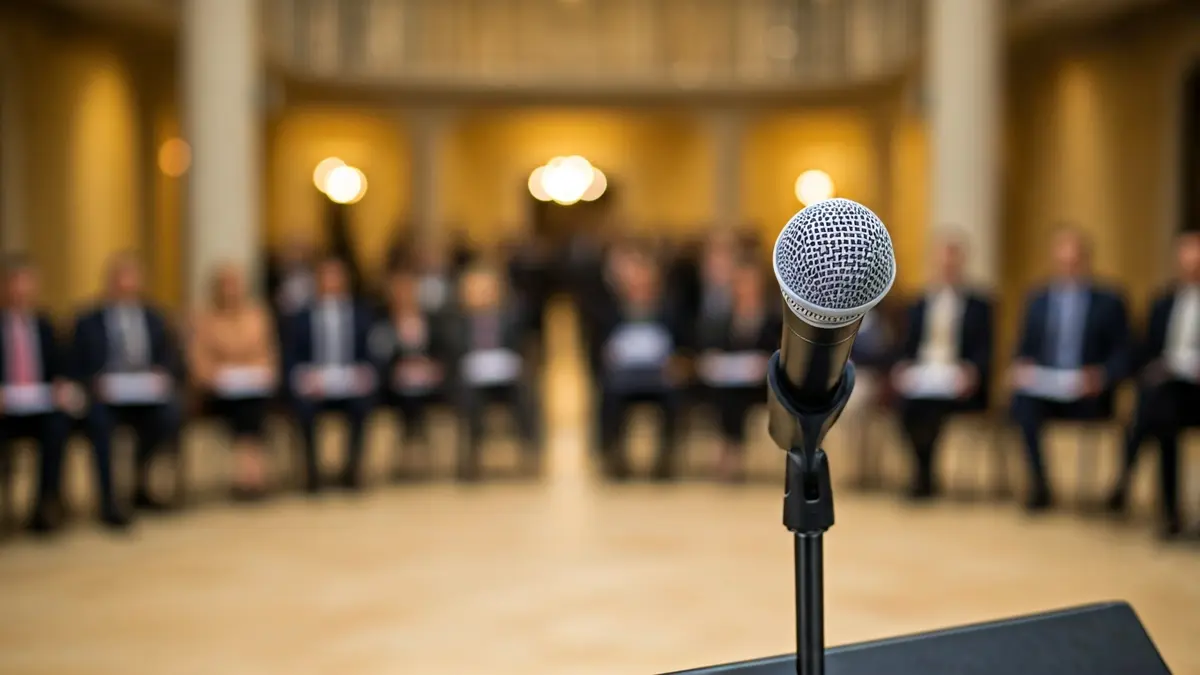 Generic image of a podium with a microphone in a press room, symbolizing a political event.