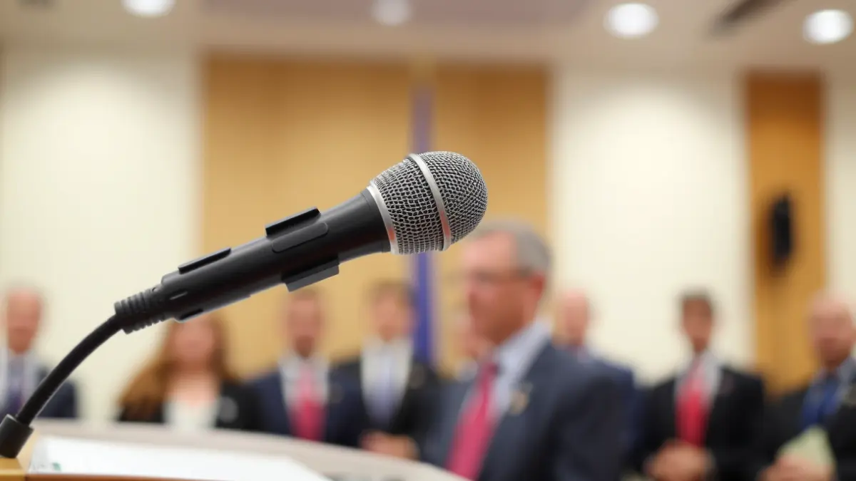 Generic image of a microphone on a podium during a political presentation.