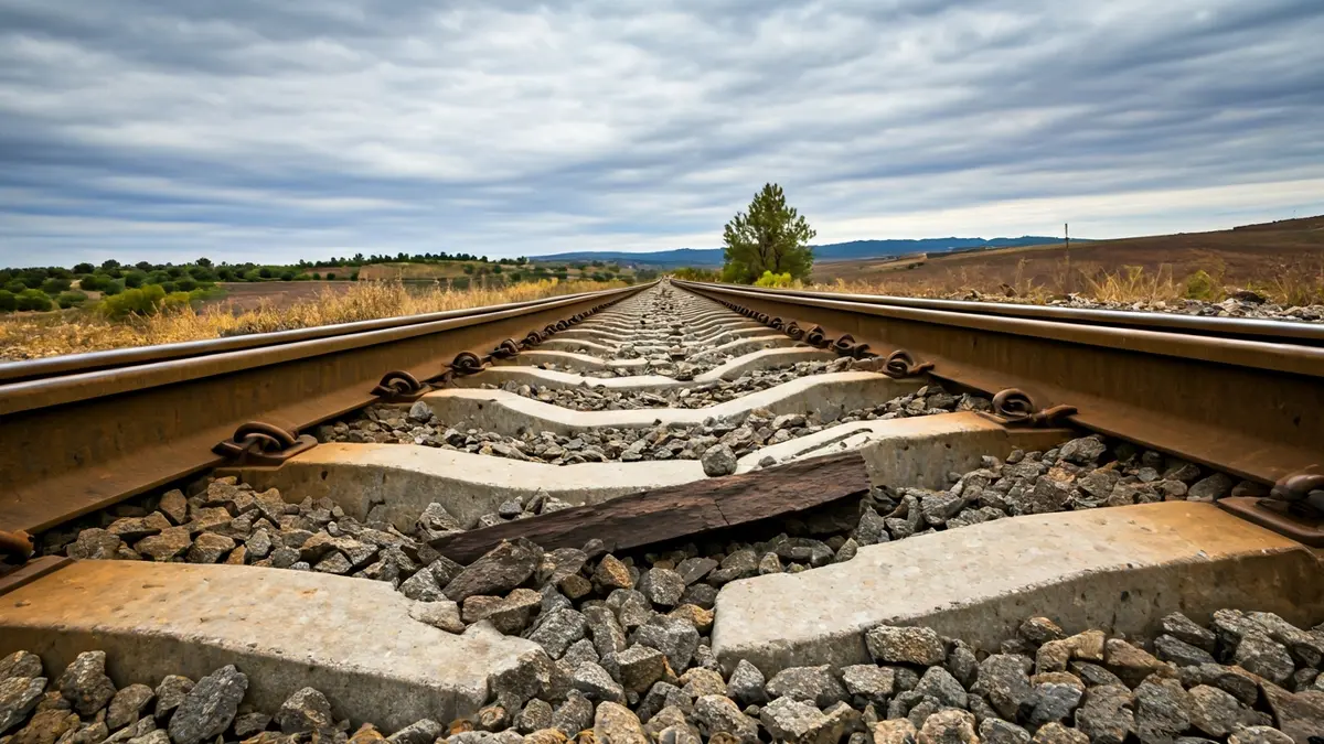 Imagen de un carril de tren fracturado, con el daño visible en la vía.