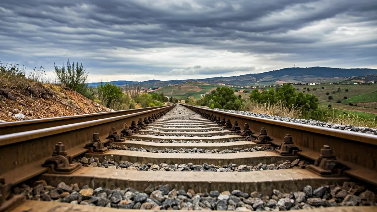 Image of a section of train track, possibly damaged or removed, in a rural Andalusian landscape.