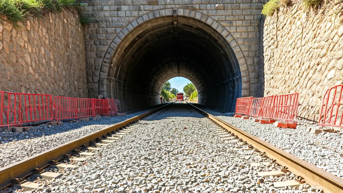 Vías de tren y obras de infraestructura en la entrada de un túnel, bajo un cielo azul.