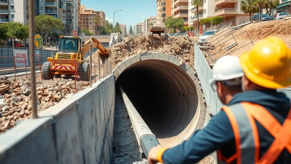 Imagen de una obra de construcción del metro con el método 'Cut&Cover' en un entorno urbano.