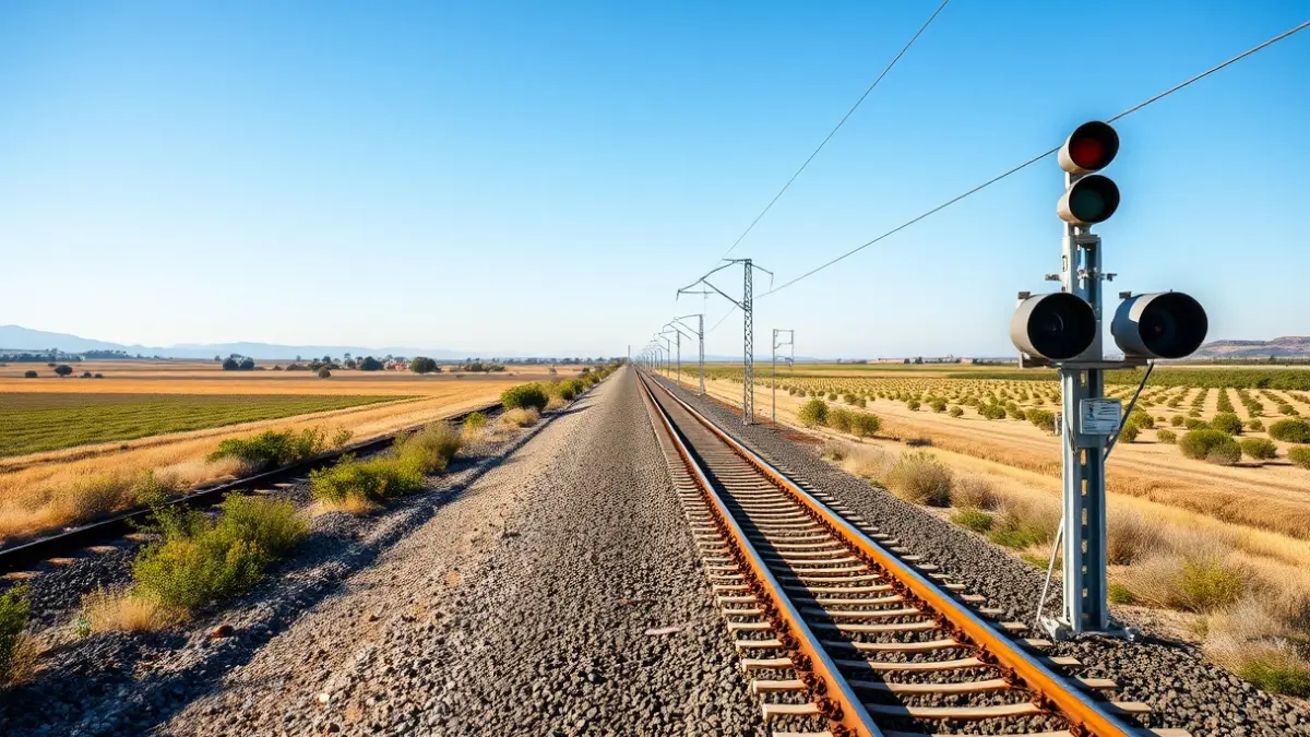 Imagen de una vía de tren moderna con equipos de señalización electrónica en un paisaje andaluz.