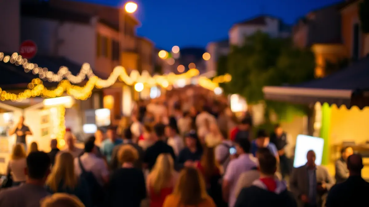 Generic image of a festive street with blurred lights and people.