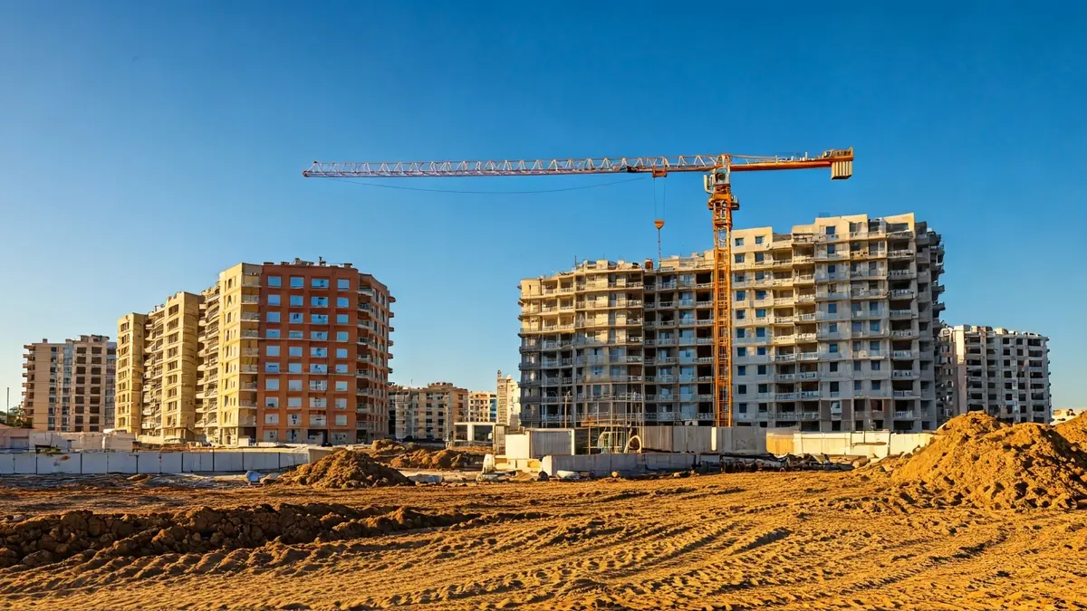 Generic image of a construction site with a crane and residential buildings.