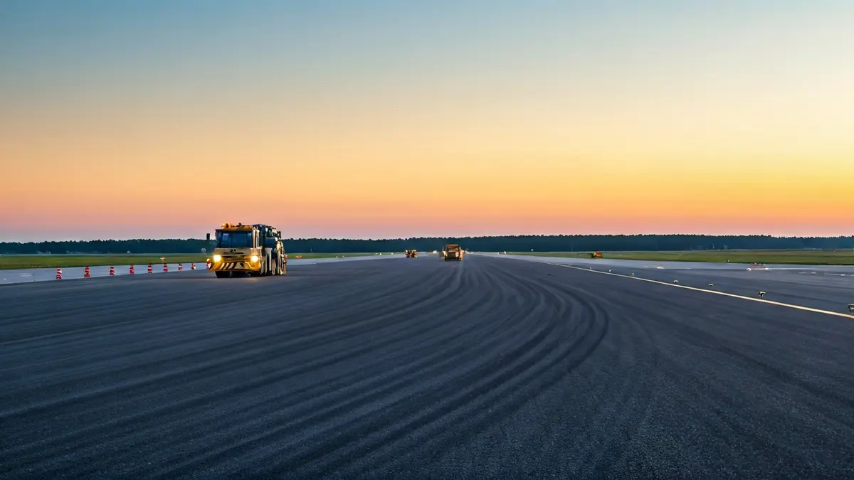 Pista de aeropuerto en obras al amanecer, con vehículos de mantenimiento y barreras de construcción.