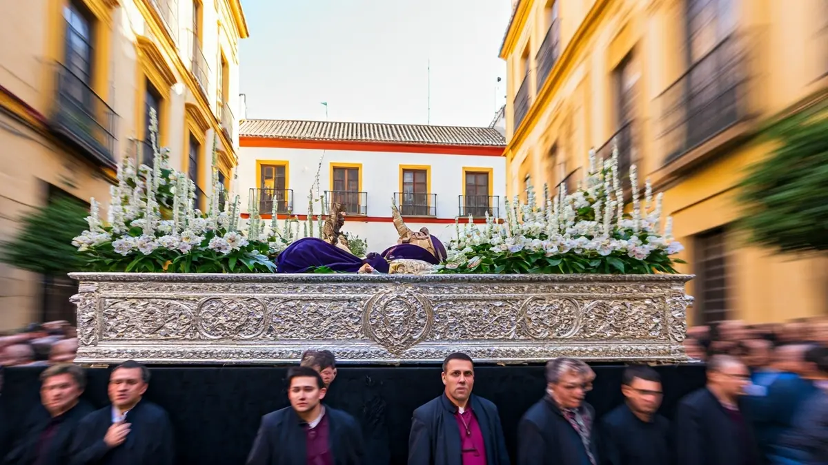 Image of a Simpecado being carried through the streets of Sevilla.