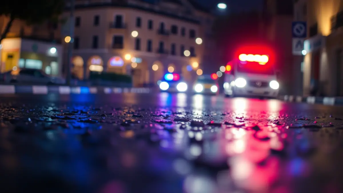 Generic image of police emergency lights reflecting on wet asphalt.
