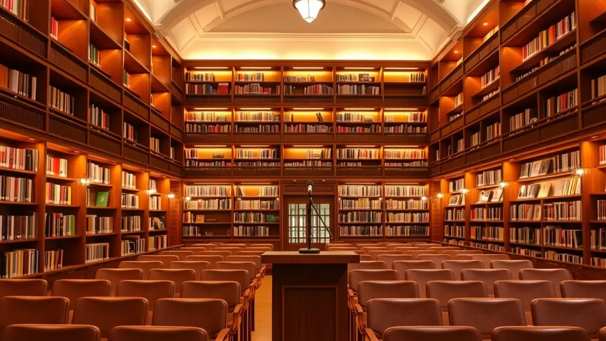 Generic image of a cultural space with a podium and chairs, warmly lit.