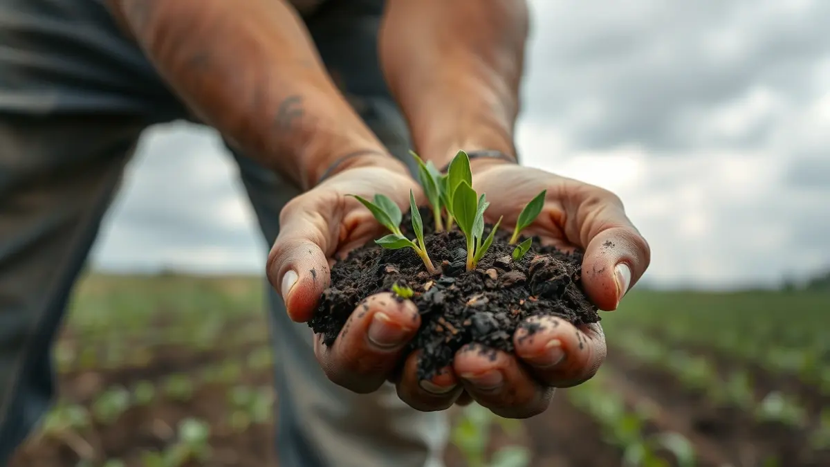 Generic image of farmer's hands holding damp soil with green shoots.