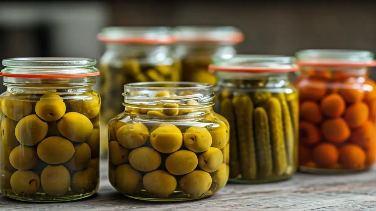 Generic image of pickles and olives in glass jars.