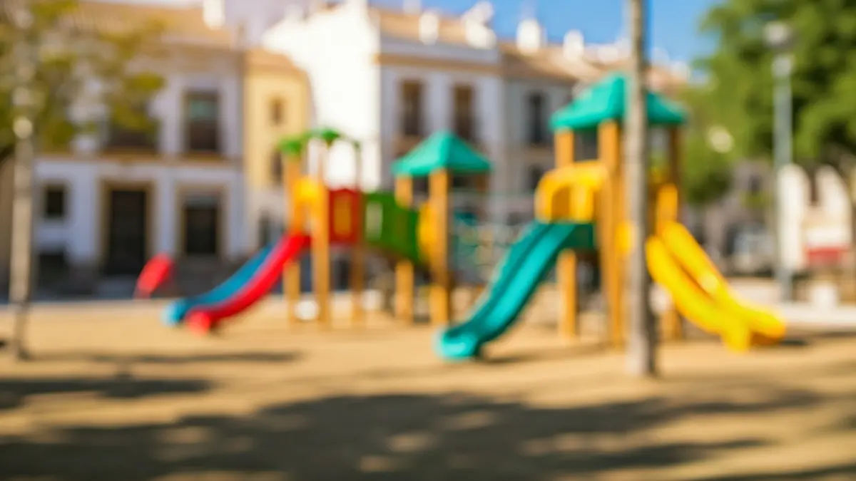 Imagen de un parque infantil renovado en Albolote, con juegos coloridos y un ambiente soleado.