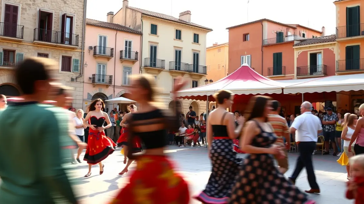 Imagen de un espectáculo de circo contemporáneo al aire libre en una plaza.