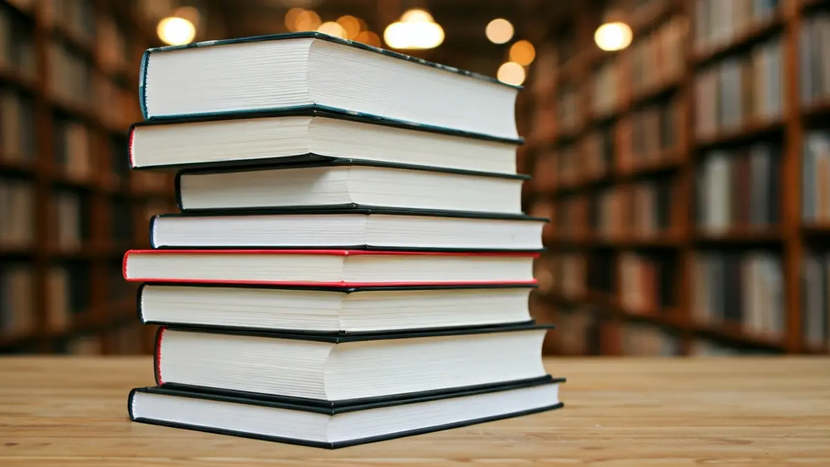 Imagen genérica de una pila de libros sobre una mesa de madera en un ambiente de biblioteca.