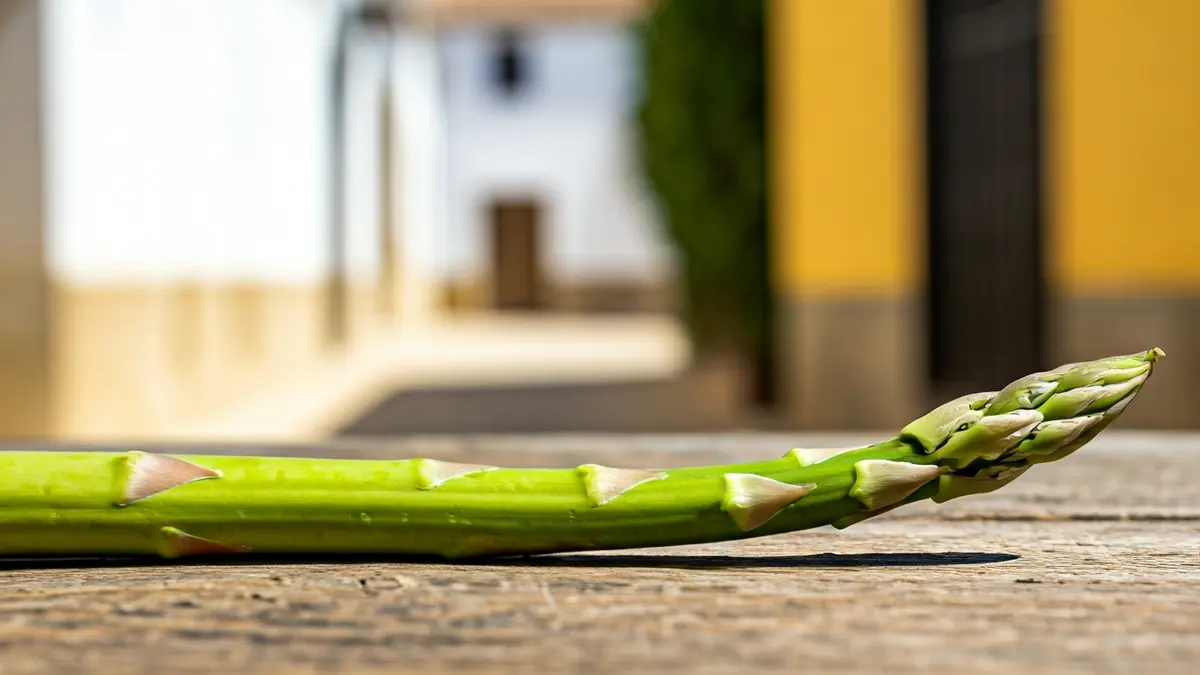 Espárragos verdes frescos sobre una superficie de madera, con un pueblo andaluz de fondo.