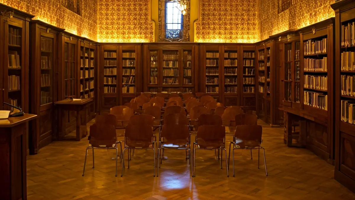 Imagen genérica de una biblioteca con un podio y sillas, evocando un ambiente de presentación literaria.