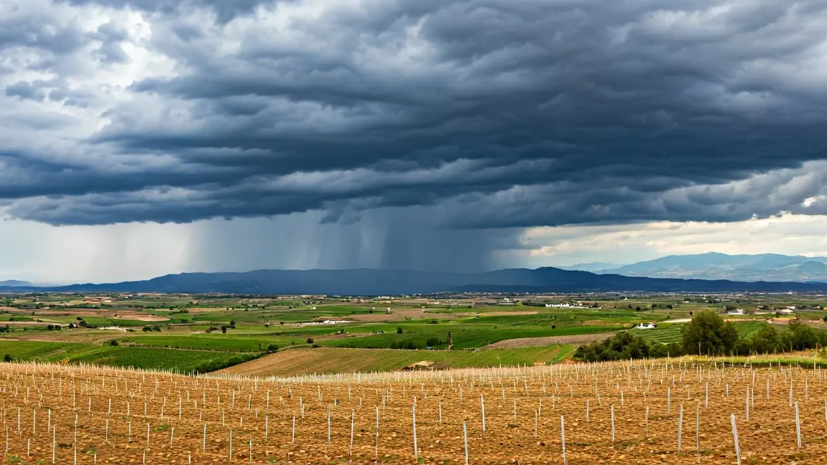 Generic image of a storm with dark clouds and rain over an Andalusian landscape.
