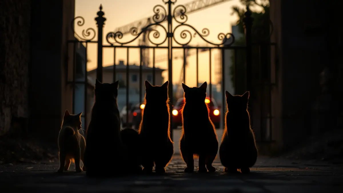 Imagen de gatos en un cementerio antiguo con maquinaria de construcción al fondo.