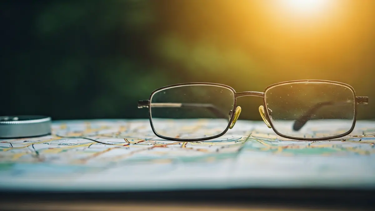 Dark-rimmed prescription glasses on a blurred map, symbolizing the search for a missing person.