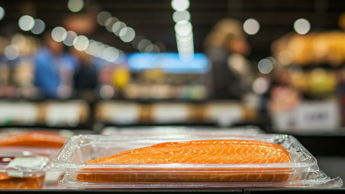 Imagen de un paquete de salmón ahumado en un supermercado.