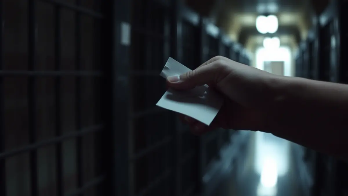 Imagen de una mano sosteniendo un pequeño papel doblado en un entorno carcelario.