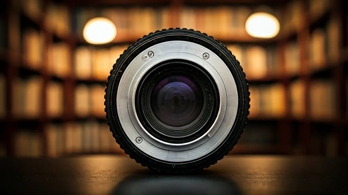 Imagen genérica de una lente de cámara de cine antigua, con un fondo borroso que sugiere un set de filmación o una biblioteca.