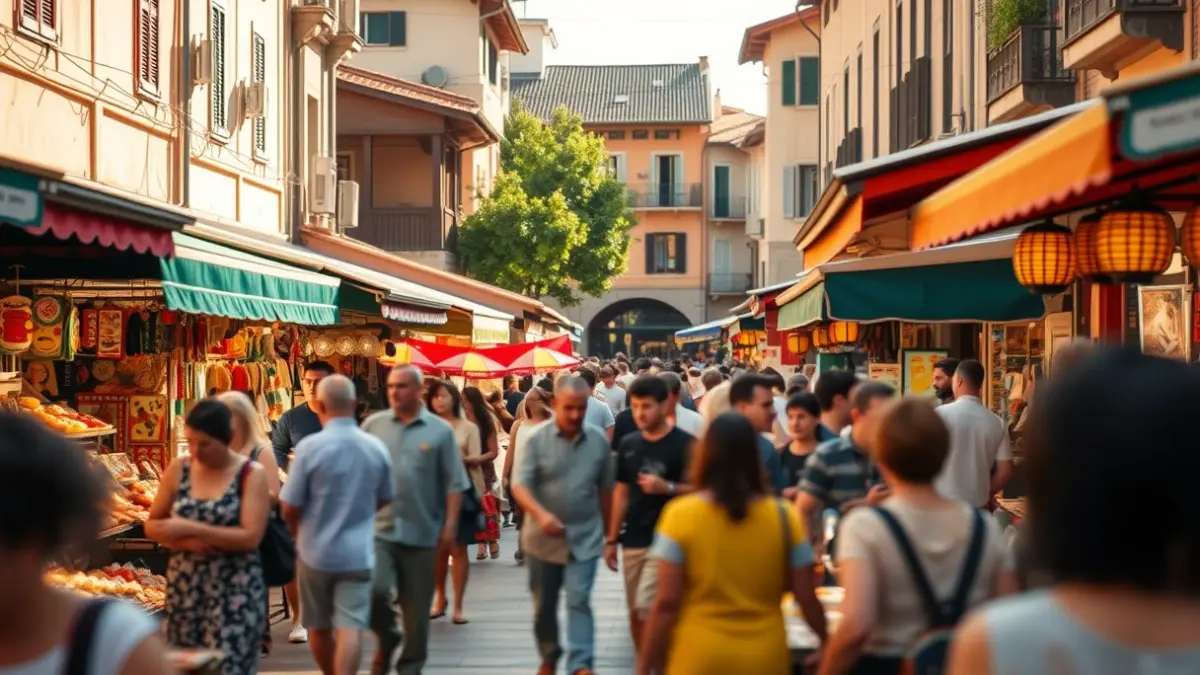 Imagen de un mercado japonés en un pueblo andaluz, con puestos de artesanía y gastronomía.