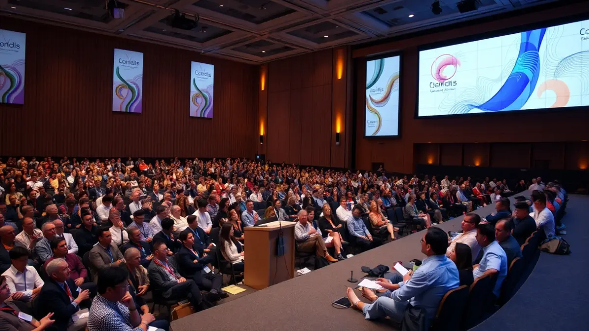 Imagen genérica de un foro o conferencia con asistentes y un escenario.