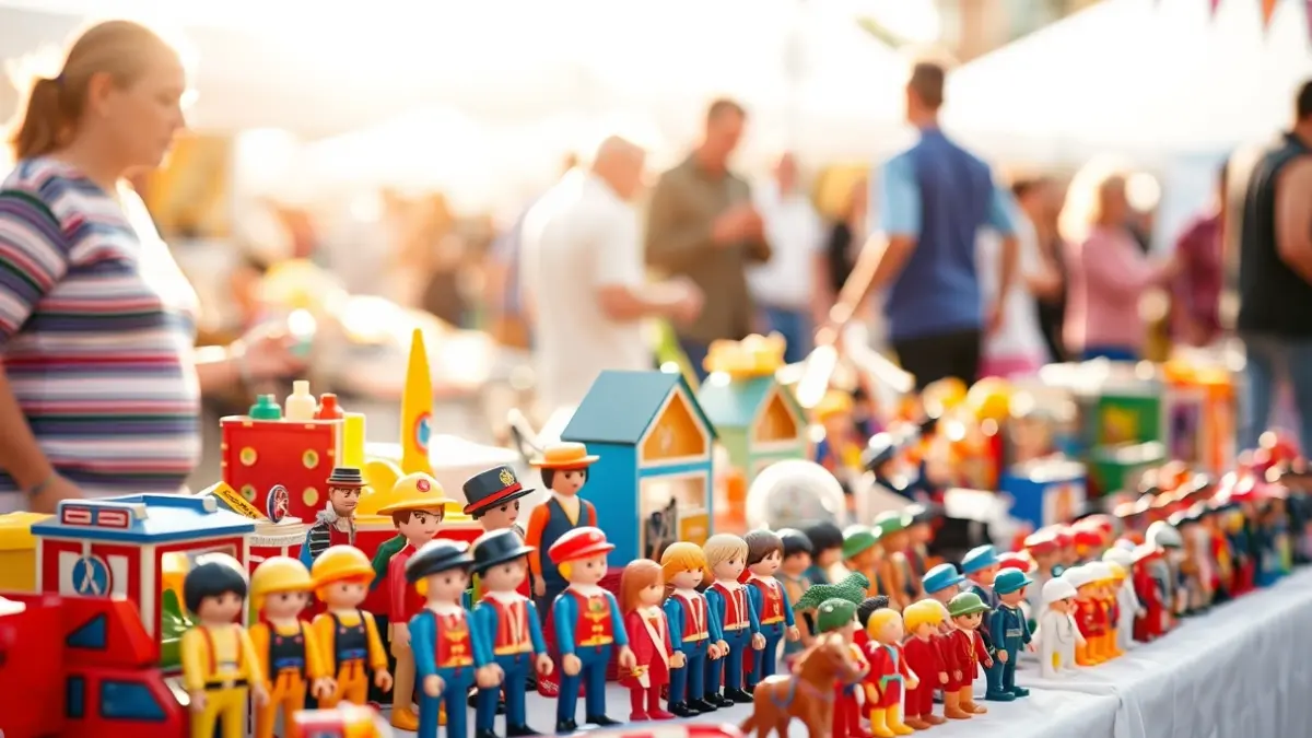 Exhibitors with classic toys and collectible figures at the Algeciras International Toy and Collectibles Fair.